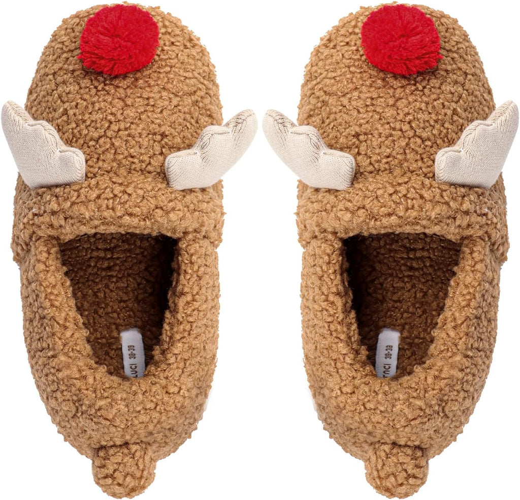 Womens Cute Reindeer Antlers House Slippers Funny Christmas Deer Horn Ear Indoor Home Shoes Plush Fuzzy Warm Bedroom Slippers
