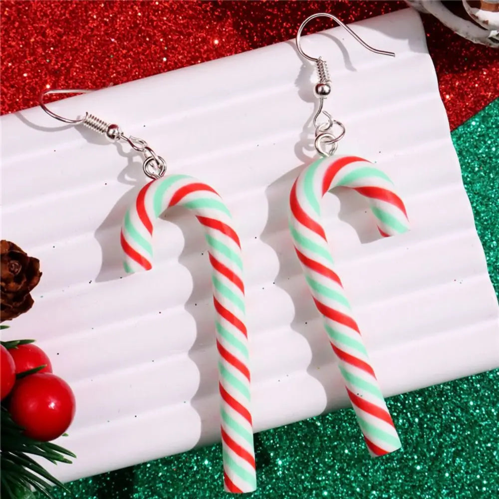 Colorful Stripes Christmas Earrings Santa Jewelly Candy Cane Christmas Pendant Earrings Simple Style Christmas Hook Earrings