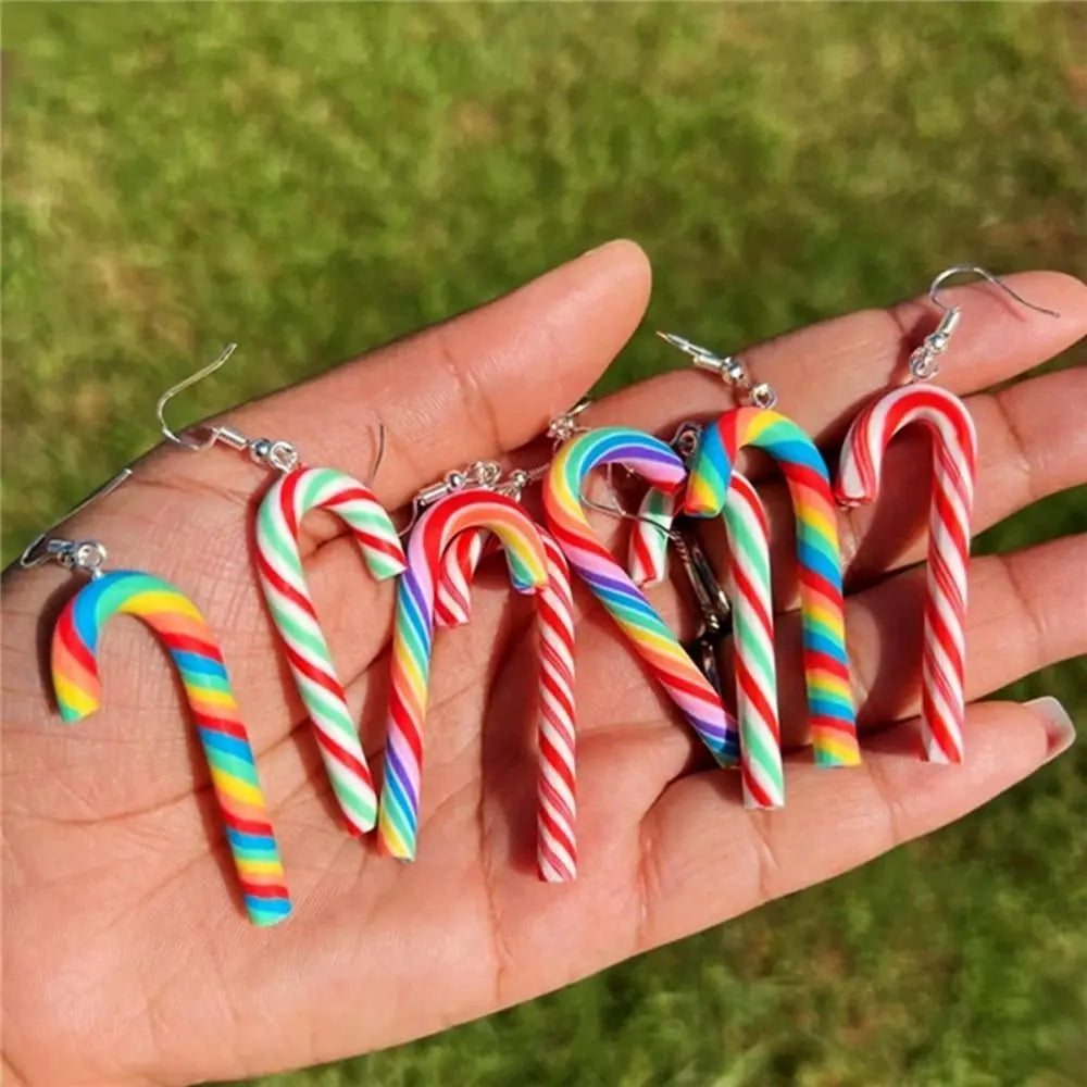 Colorful Stripes Christmas Earrings Santa Jewelly Candy Cane Christmas Pendant Earrings Simple Style Christmas Hook Earrings
