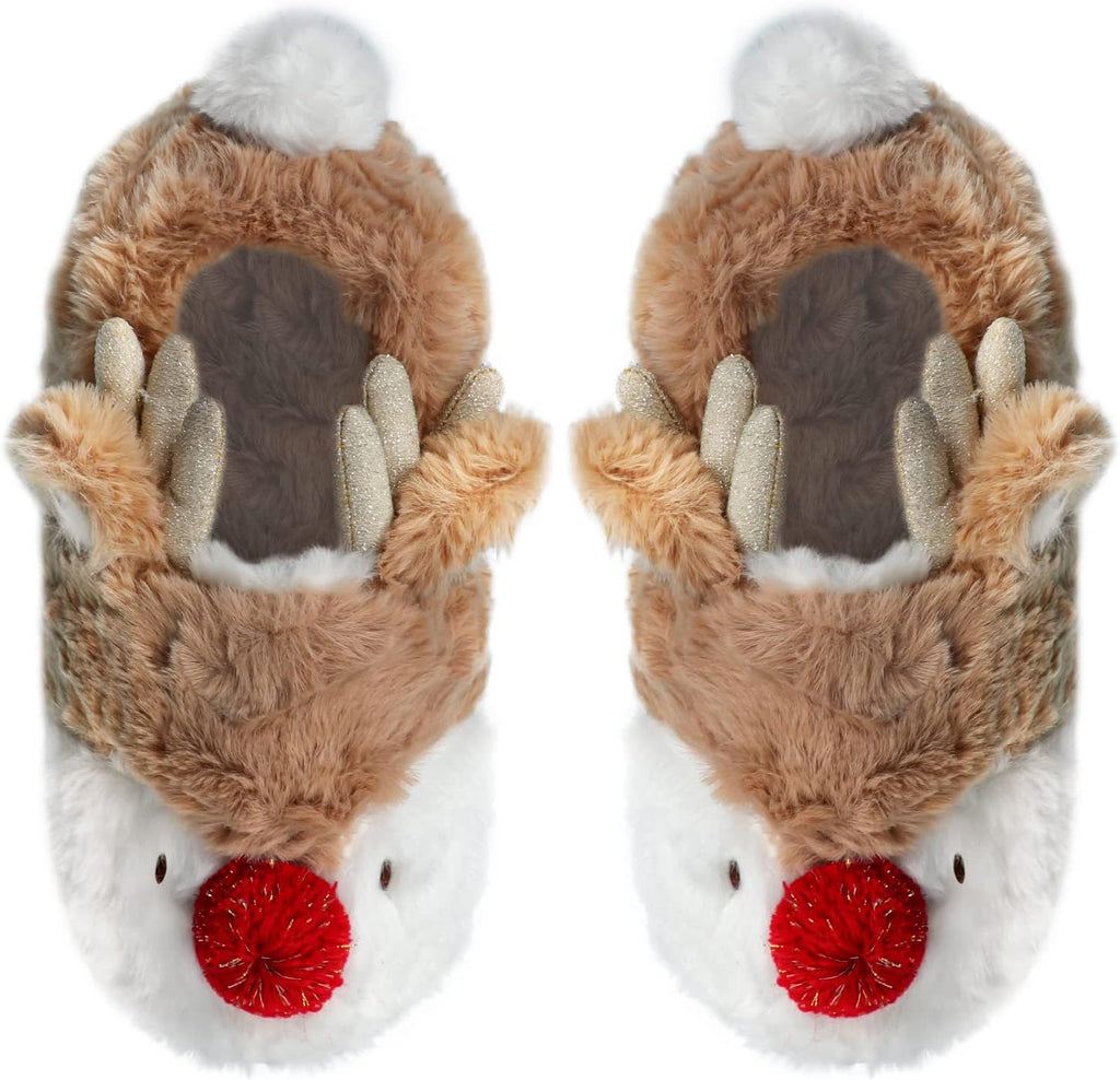 Womens Cute Reindeer Antlers House Slippers Funny Christmas Deer Horn Ear Indoor Home Shoes Plush Fuzzy Warm Bedroom Slippers