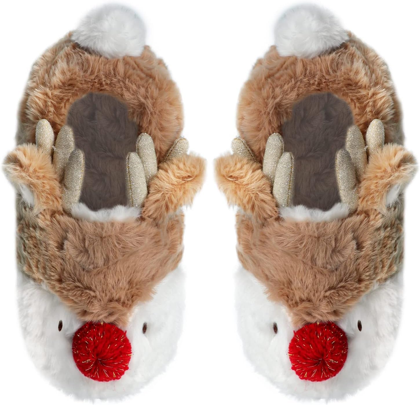 Womens Cute Reindeer Antlers House Slippers Funny Christmas Deer Horn Ear Indoor Home Shoes Plush Fuzzy Warm Bedroom Slippers