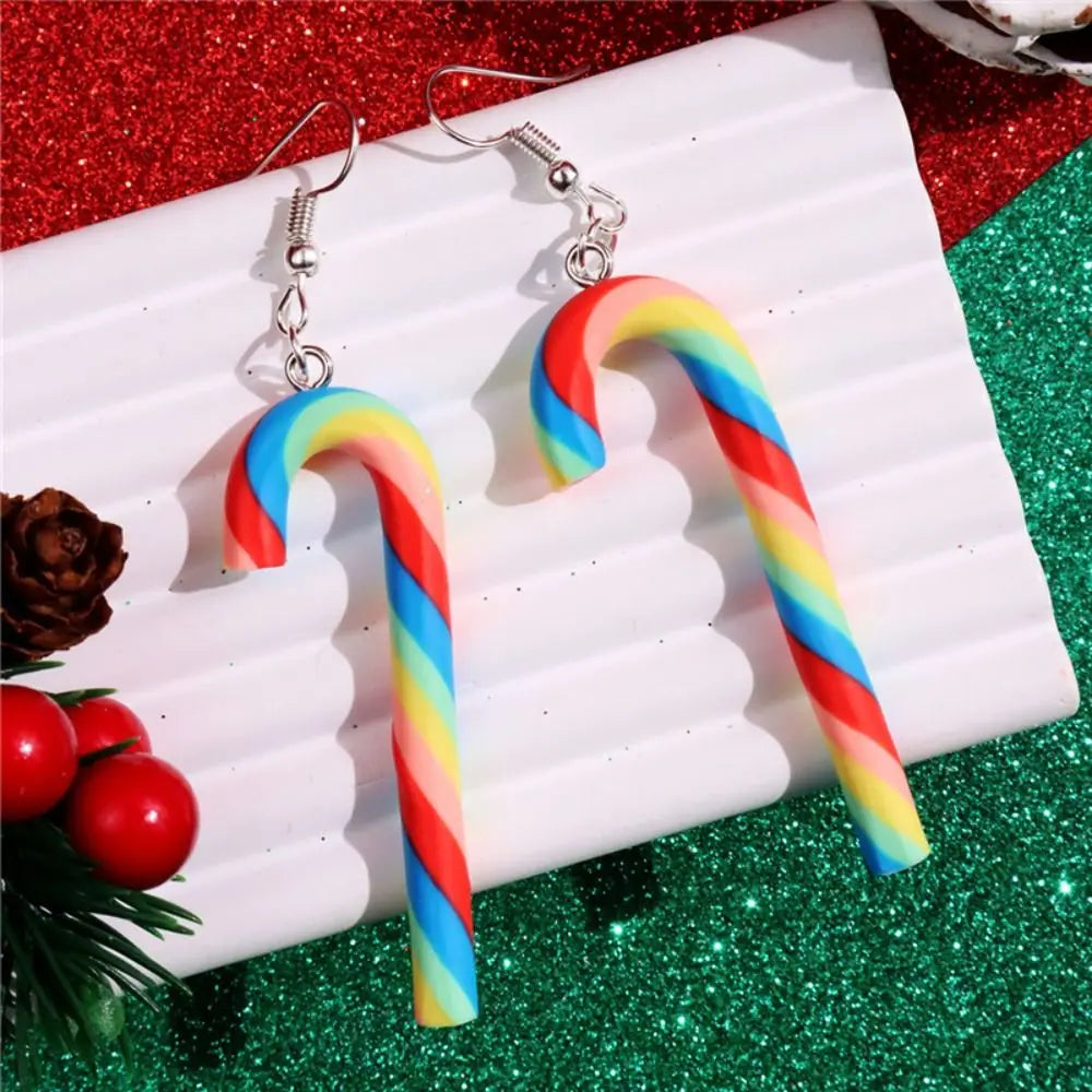 Colorful Stripes Christmas Earrings Santa Jewelly Candy Cane Christmas Pendant Earrings Simple Style Christmas Hook Earrings