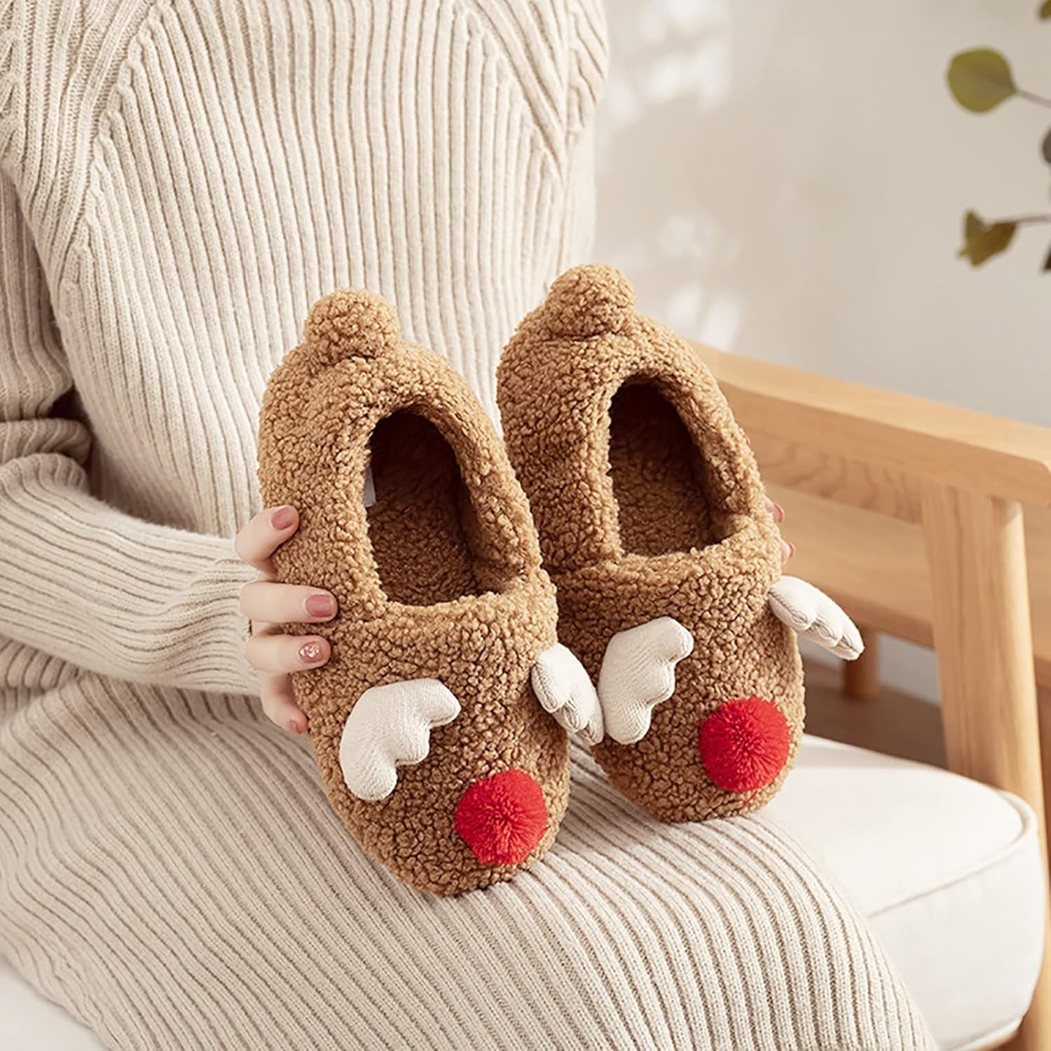Womens Cute Reindeer Antlers House Slippers Funny Christmas Deer Horn Ear Indoor Home Shoes Plush Fuzzy Warm Bedroom Slippers