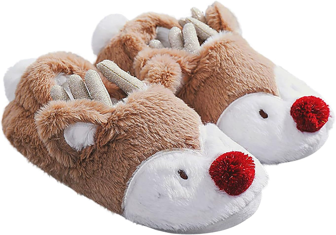Womens Cute Reindeer Antlers House Slippers Funny Christmas Deer Horn Ear Indoor Home Shoes Plush Fuzzy Warm Bedroom Slippers