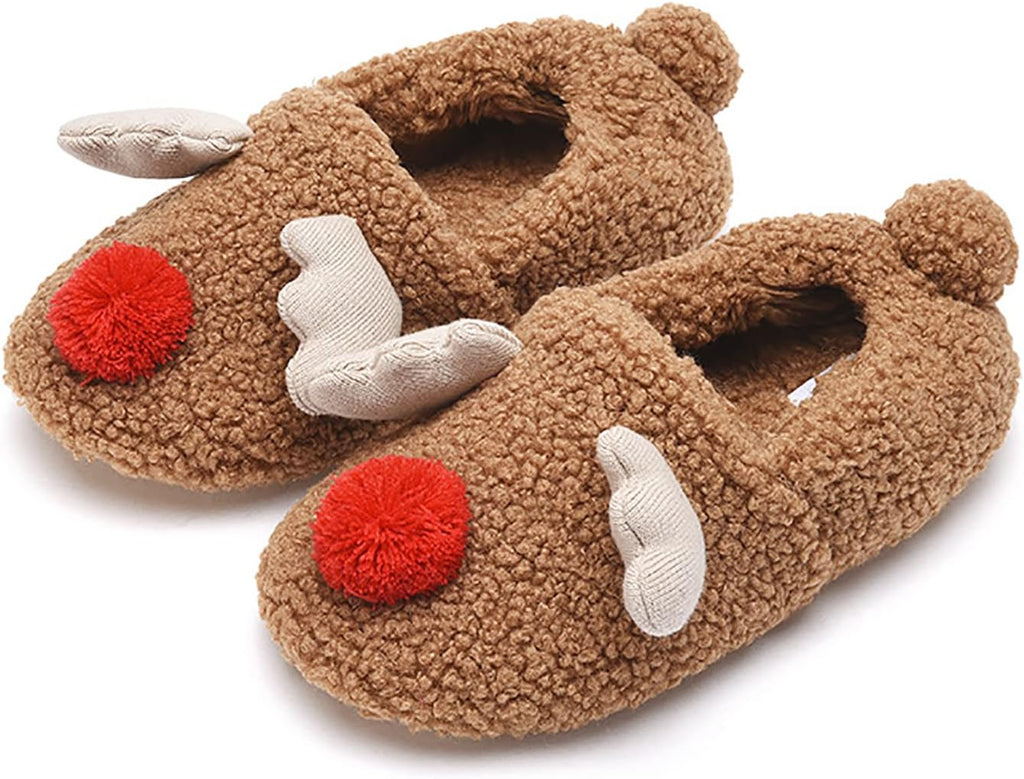 Womens Cute Reindeer Antlers House Slippers Funny Christmas Deer Horn Ear Indoor Home Shoes Plush Fuzzy Warm Bedroom Slippers