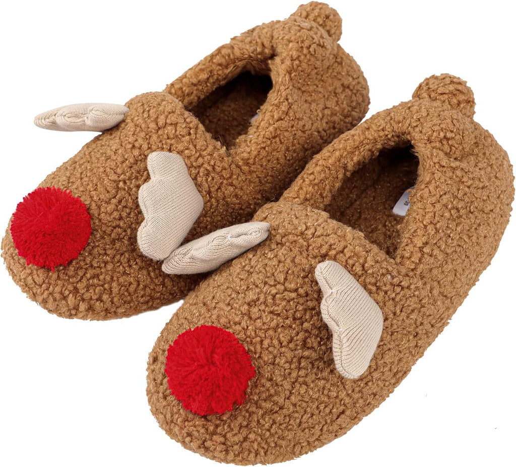 Womens Cute Reindeer Antlers House Slippers Funny Christmas Deer Horn Ear Indoor Home Shoes Plush Fuzzy Warm Bedroom Slippers