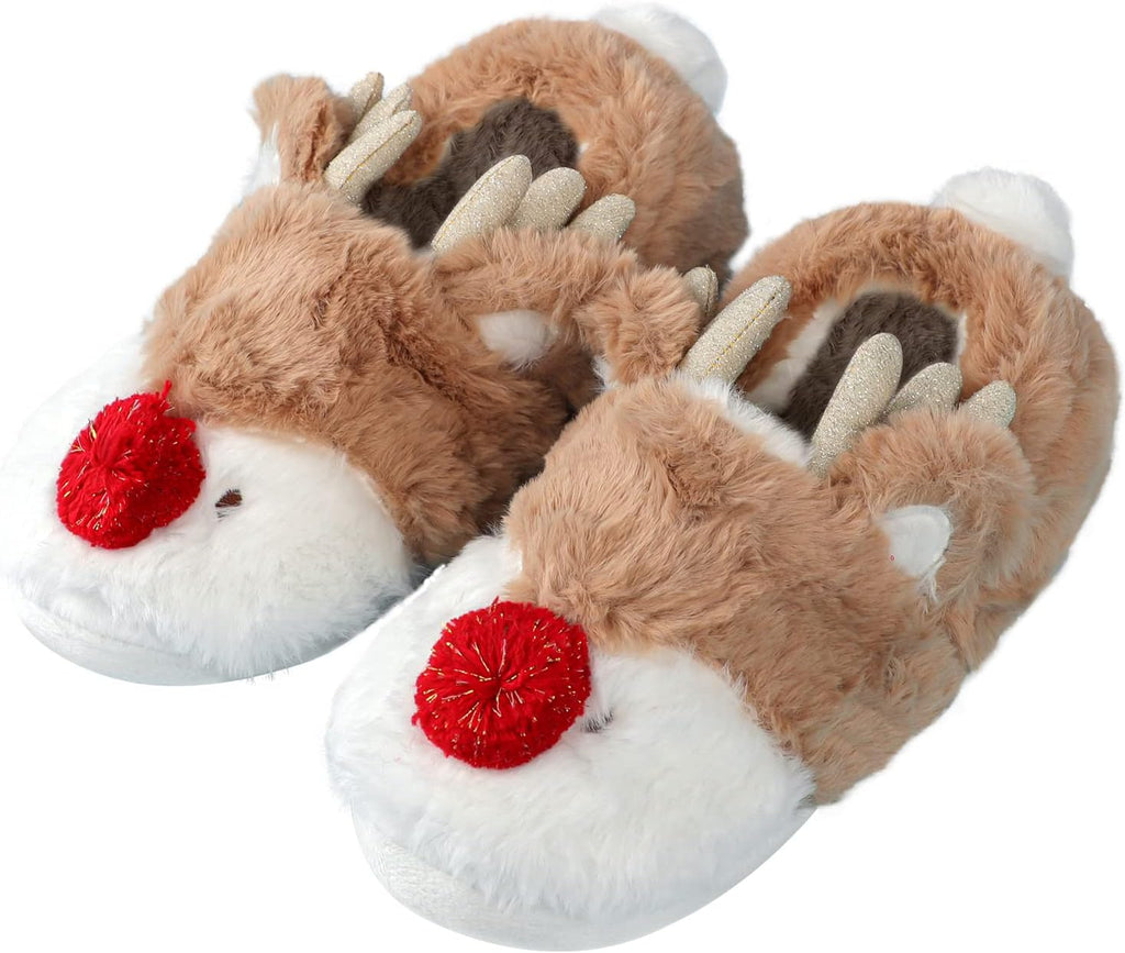 Womens Cute Reindeer Antlers House Slippers Funny Christmas Deer Horn Ear Indoor Home Shoes Plush Fuzzy Warm Bedroom Slippers