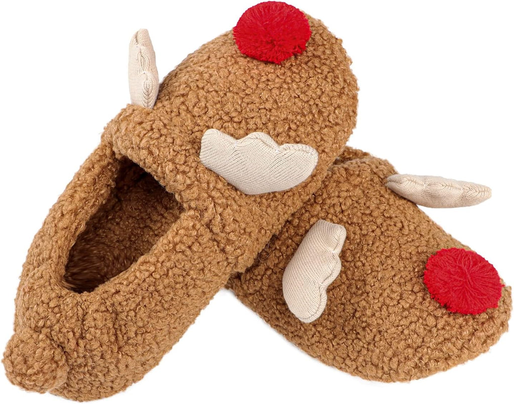 Womens Cute Reindeer Antlers House Slippers Funny Christmas Deer Horn Ear Indoor Home Shoes Plush Fuzzy Warm Bedroom Slippers