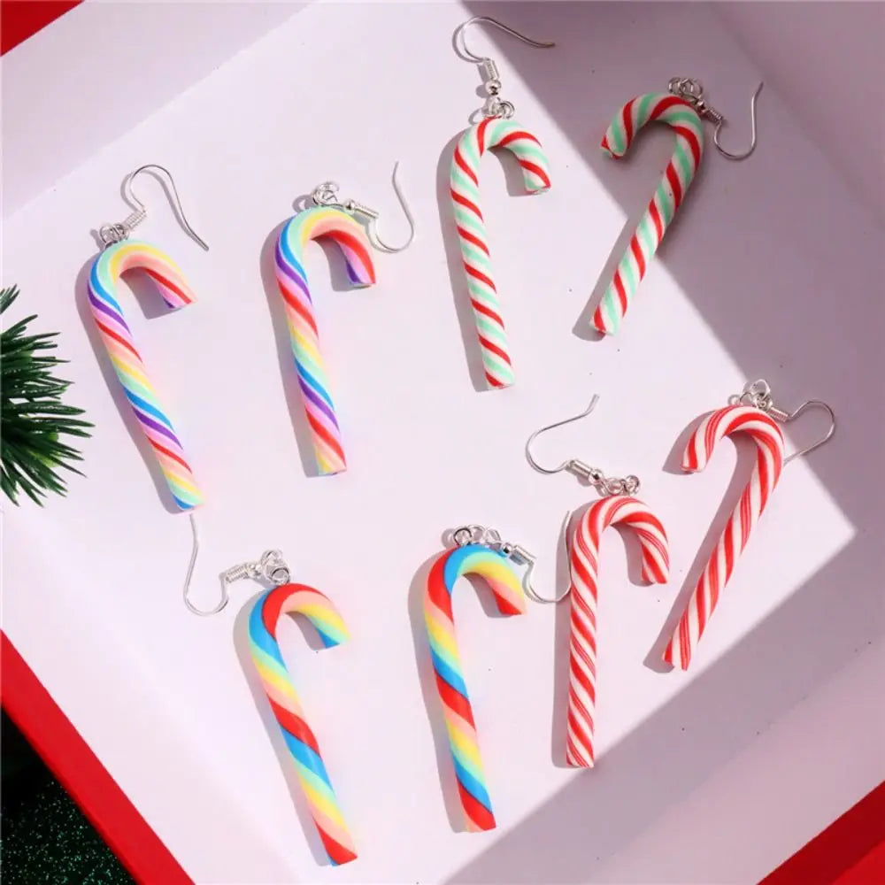 Colorful Stripes Christmas Earrings Santa Jewelly Candy Cane Christmas Pendant Earrings Simple Style Christmas Hook Earrings