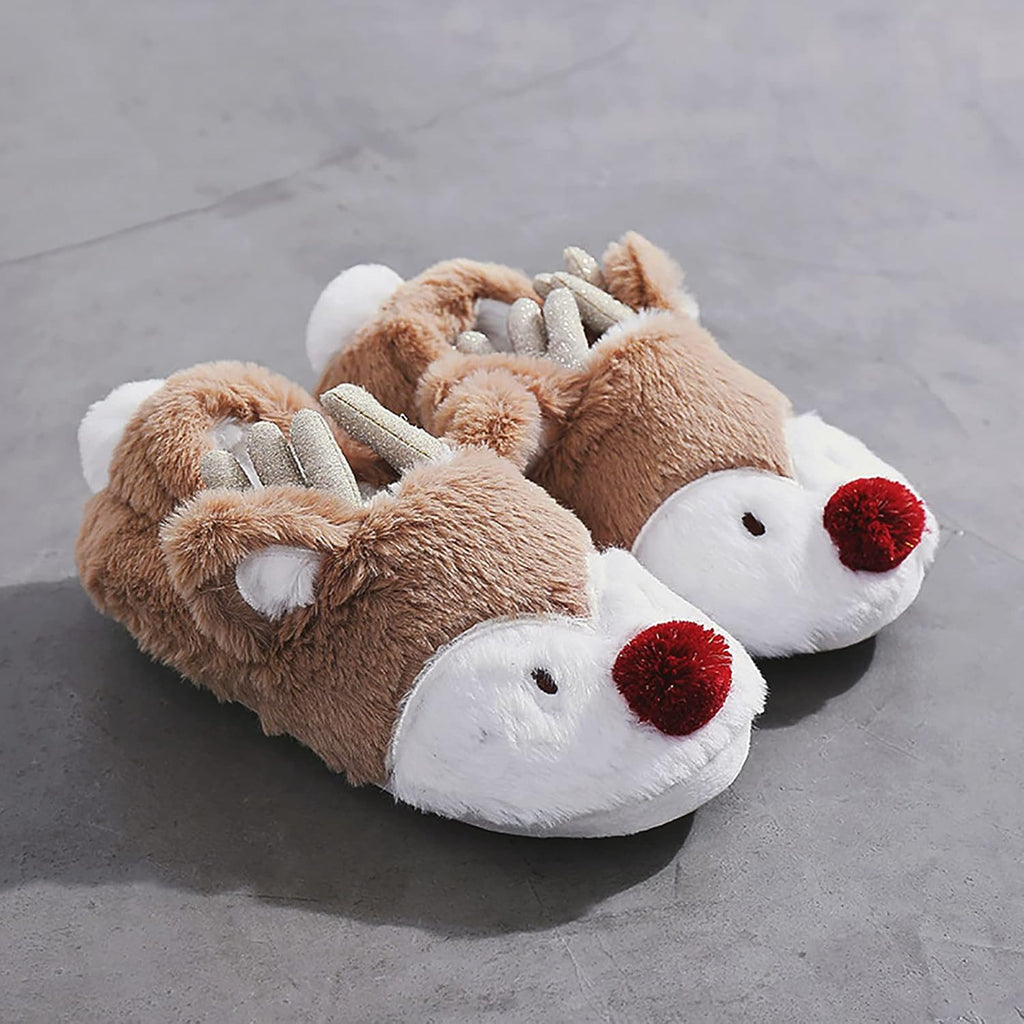 Womens Cute Reindeer Antlers House Slippers Funny Christmas Deer Horn Ear Indoor Home Shoes Plush Fuzzy Warm Bedroom Slippers
