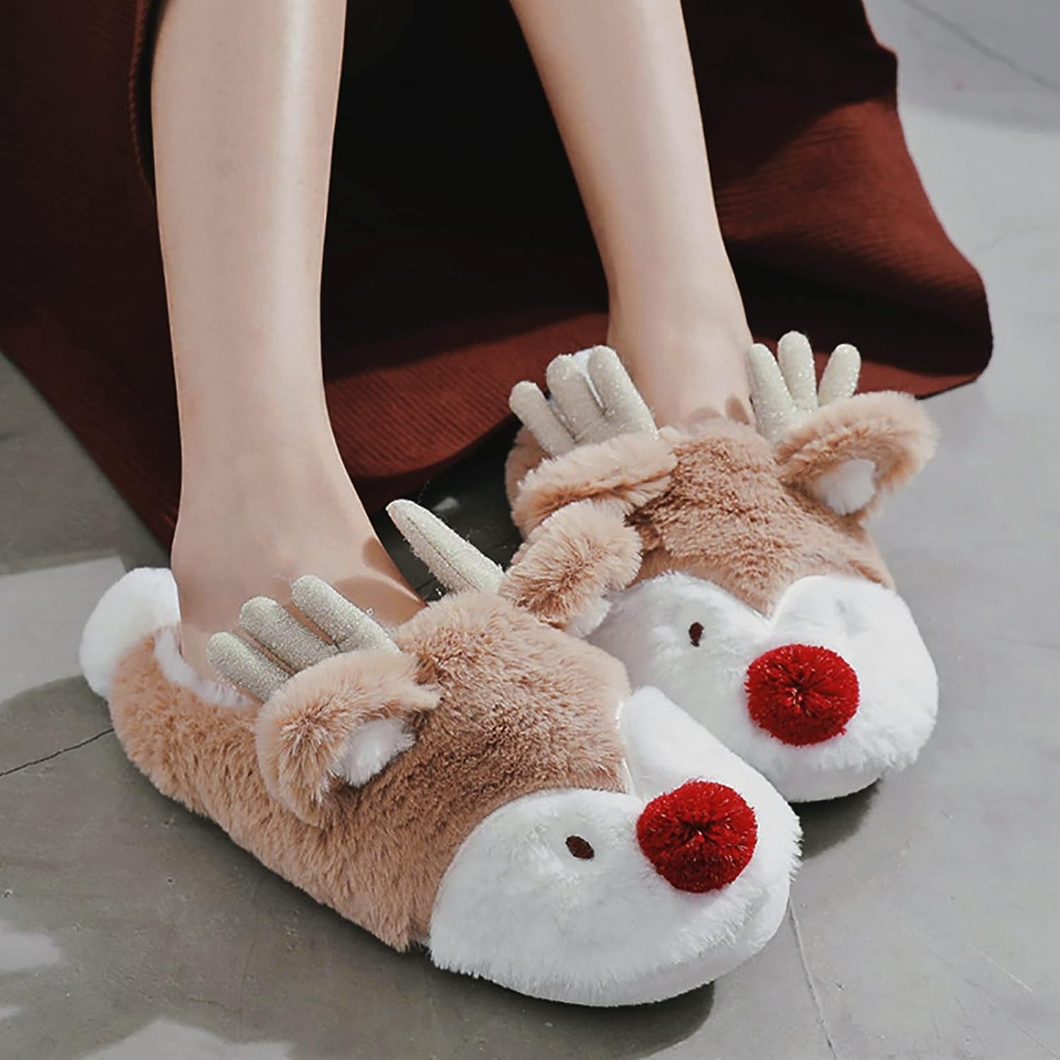 Womens Cute Reindeer Antlers House Slippers Funny Christmas Deer Horn Ear Indoor Home Shoes Plush Fuzzy Warm Bedroom Slippers